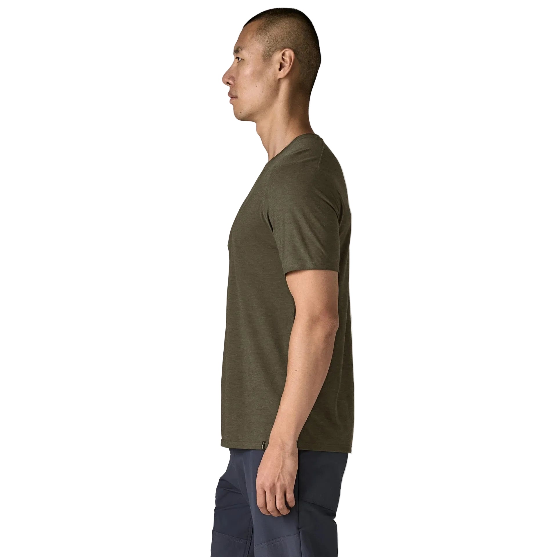 Side view of Patagonia Capilene Cool Trail Shirt in Basin Green moisture-wicking fabric