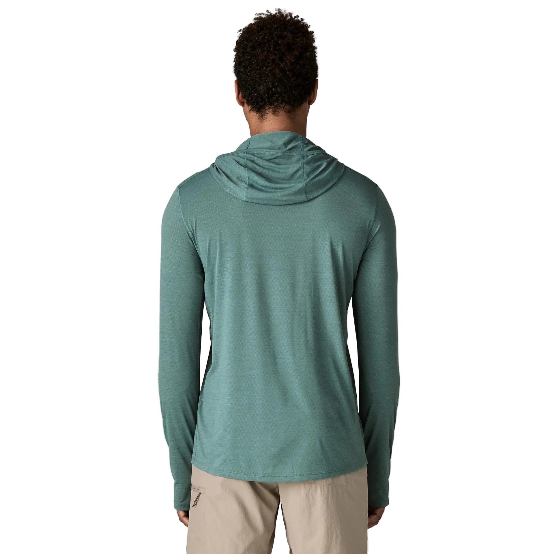 Back view of Patagonia Capilene Cool Ultra Hoody in Blue Sage lightweight recycled polyester fabric