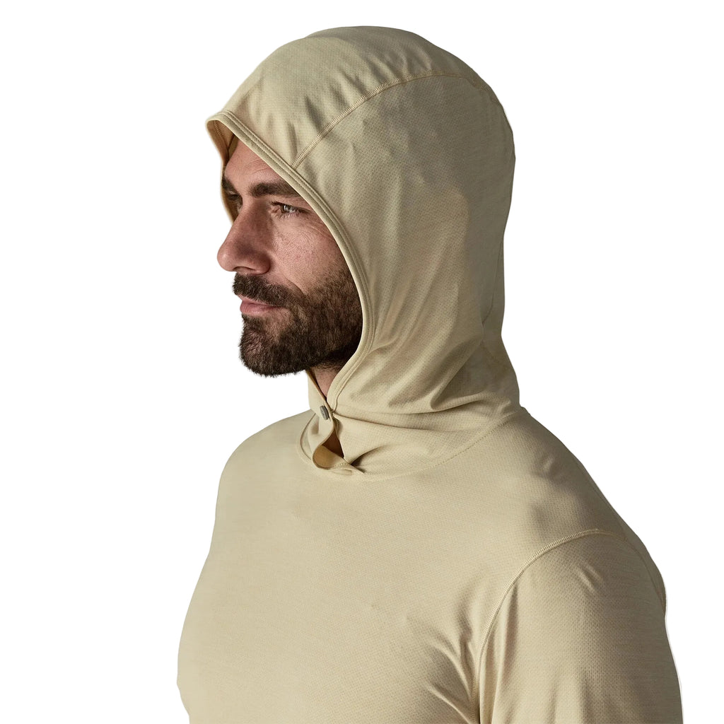 Side view of Patagonia Capilene Cool Ultra Hoody in Blue Sage breathable technical fabric