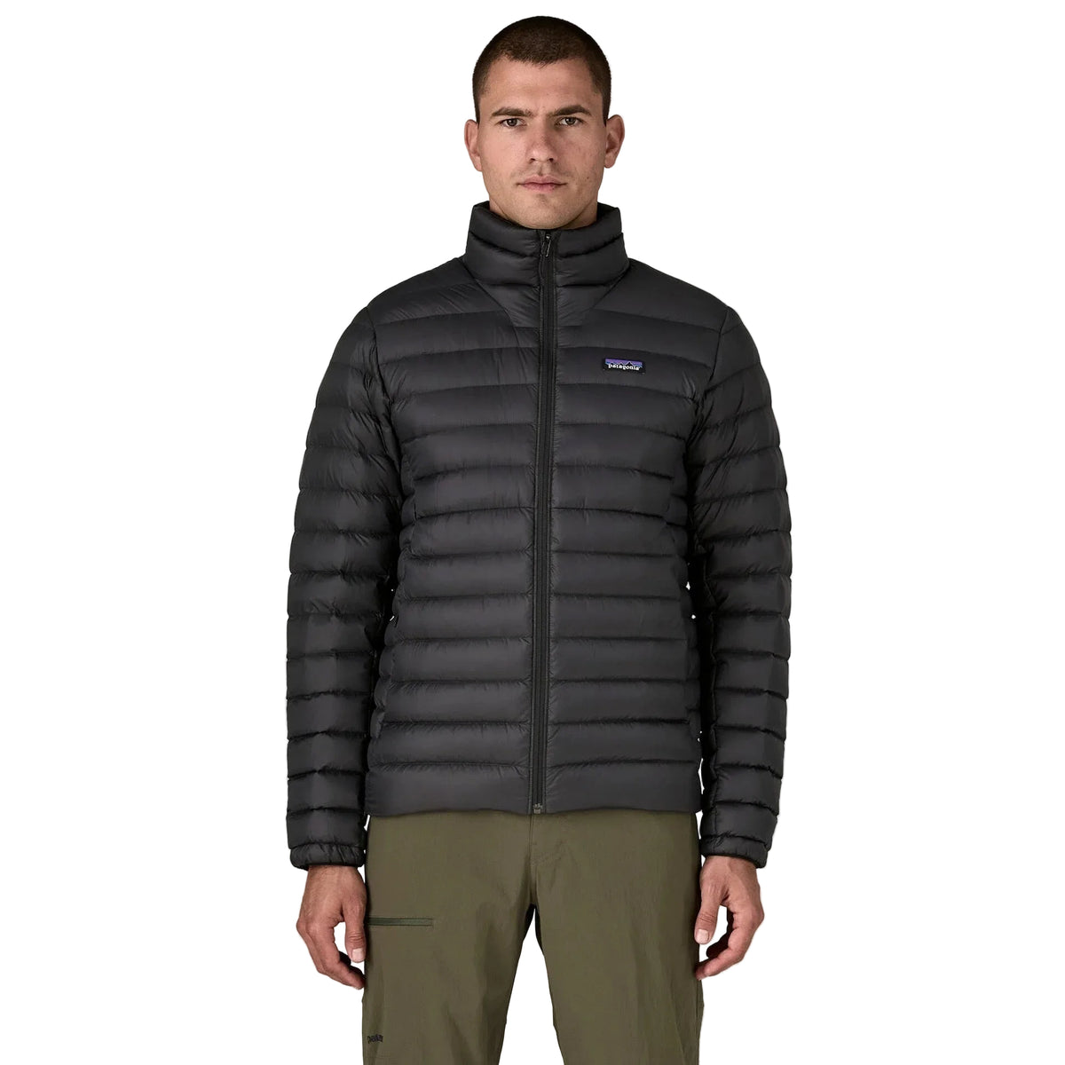 Patagonia Men's Down Sweater Jacket in Black front view on model