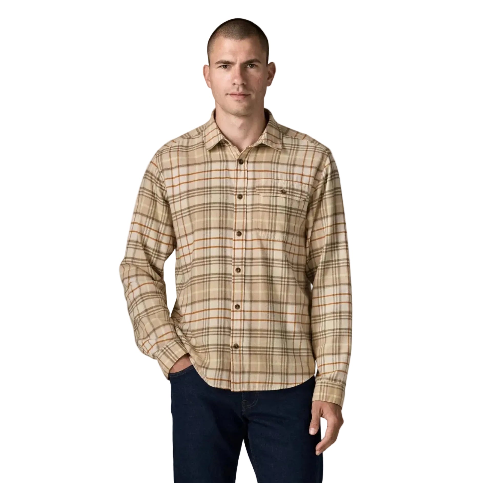 Patagonia Men's Lightweight Fjord Flannel Shirt in Depth Natural front view