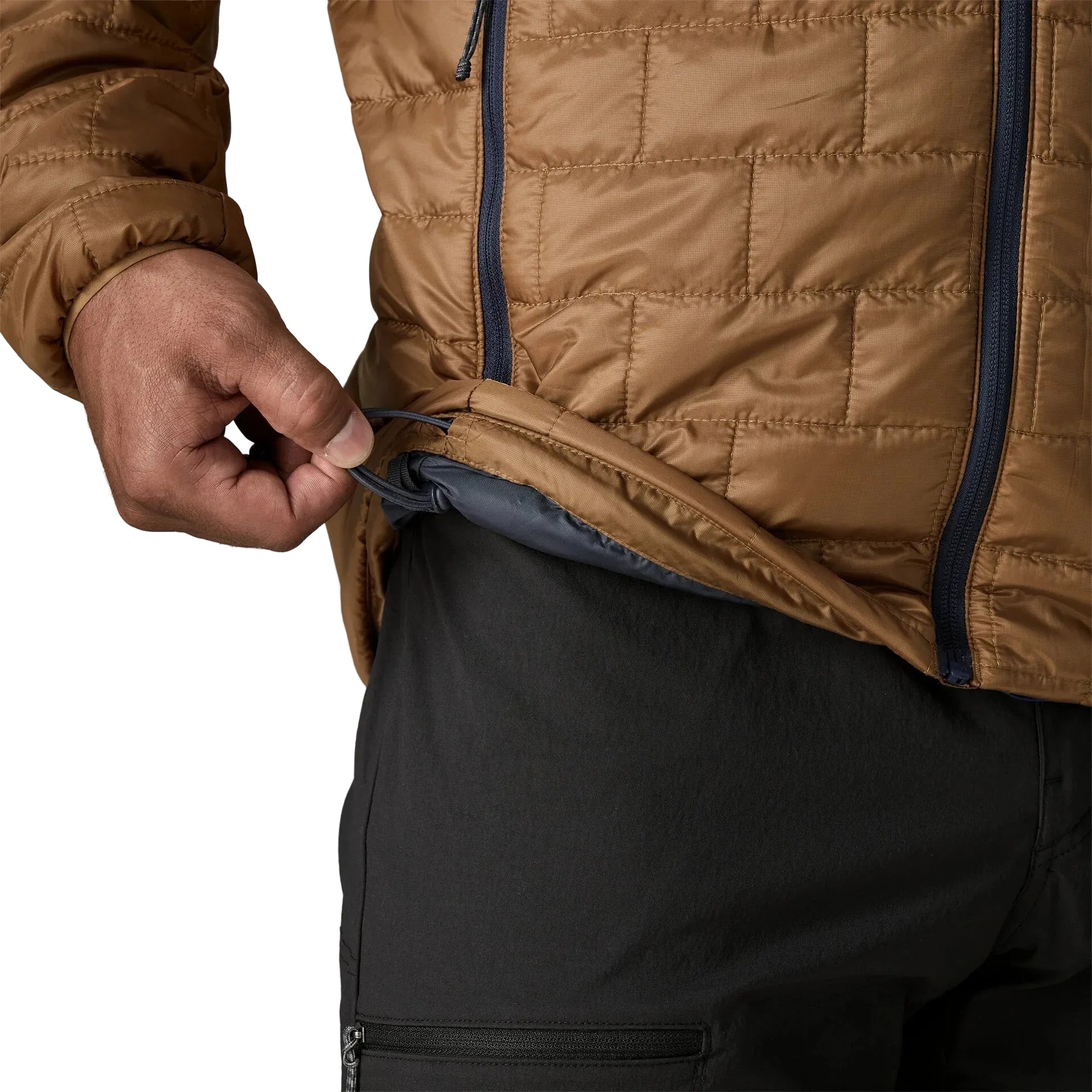 Patagonia Men's Nano Puff Jacket in Deer Brown drawstring and quilting detail