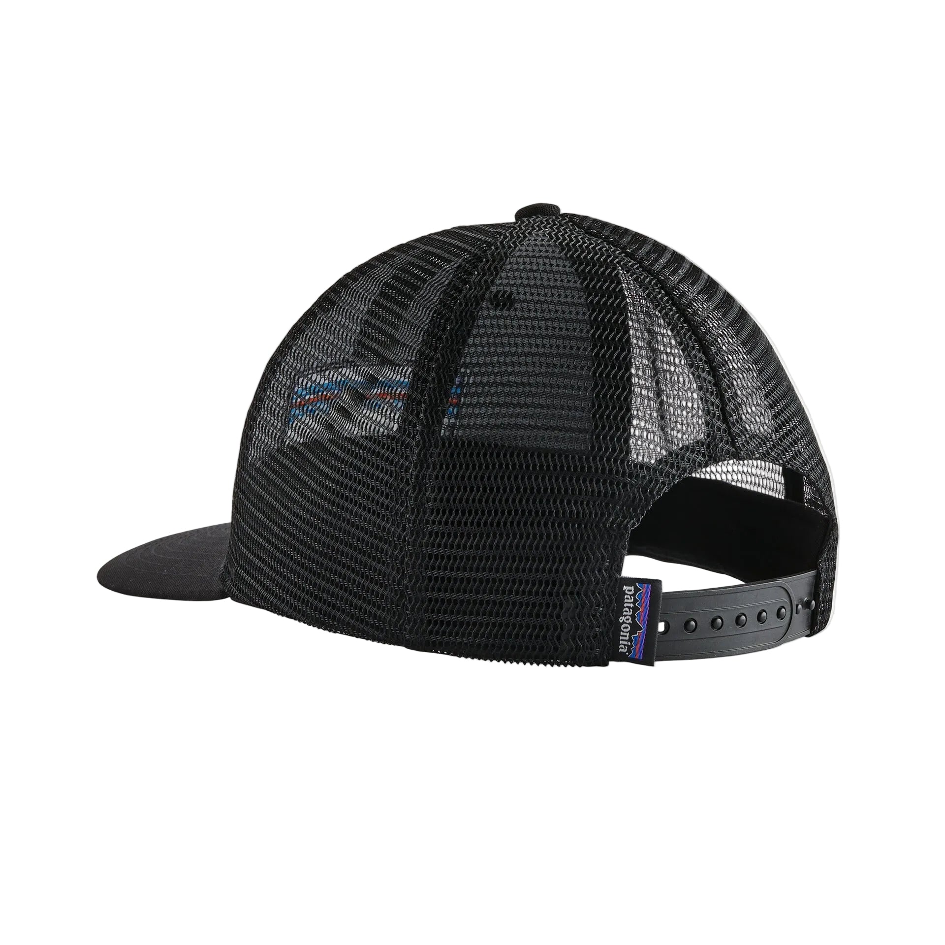 Patagonia P-6 Logo Trucker Hat back view with mesh panels and snapback closure