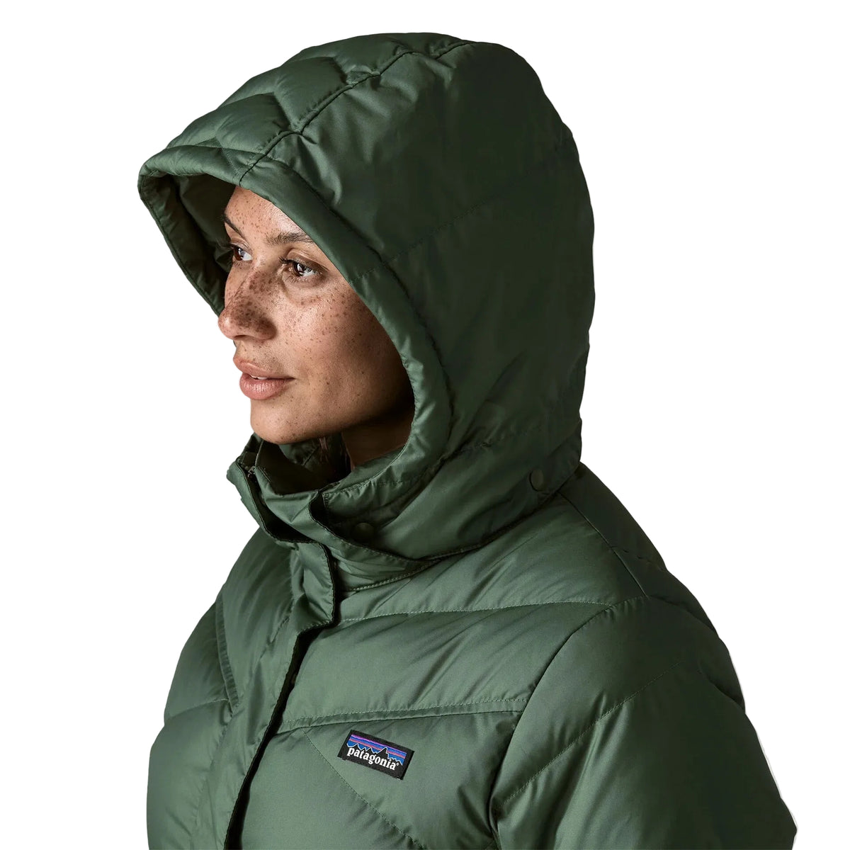 Patagonia Women's Down With It Jacket in Canopy Green front hood up view