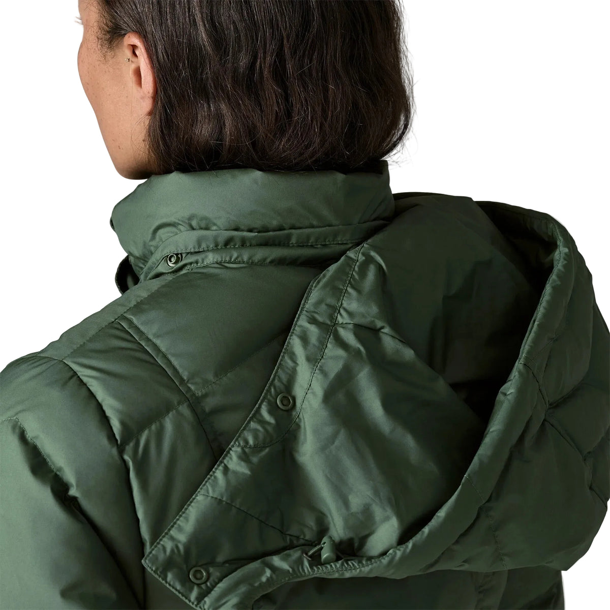 Patagonia Women's Down With It Jacket in Canopy Green hood front view