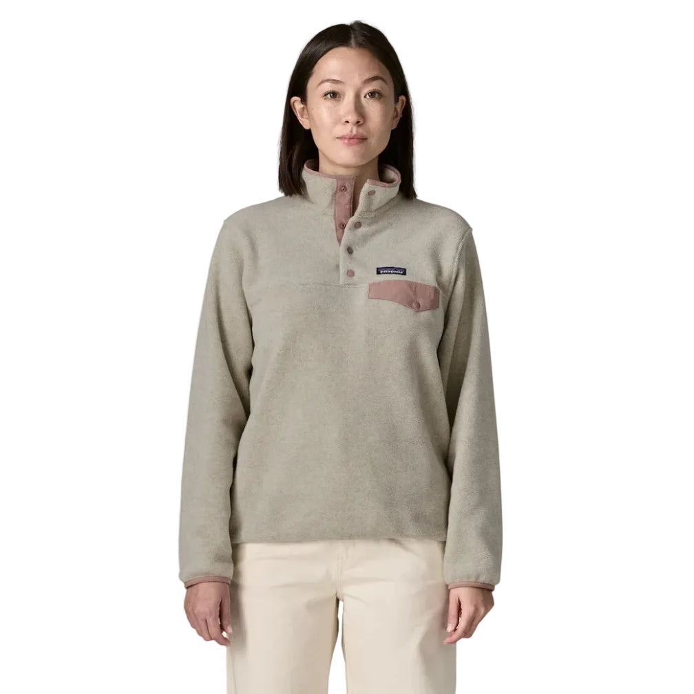 Patagonia Women's Lightweight Synchilla Snap-T Pullover in Oatmeal Heather with Moonrise Taupe front view