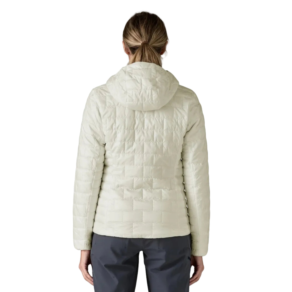 Back view of Patagonia Women's Nano Puff Hoody in Birch White showing insulated hood and quilted construction