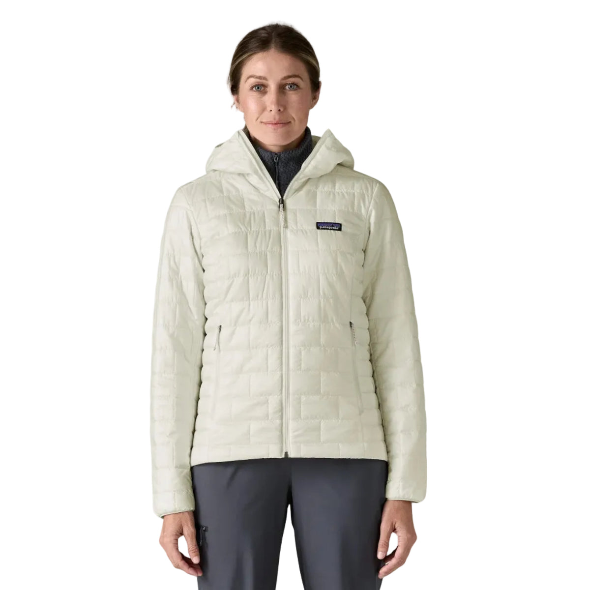 Front view of Patagonia Women's Nano Puff Hoody in Birch White with quilted insulation and full-length zipper
