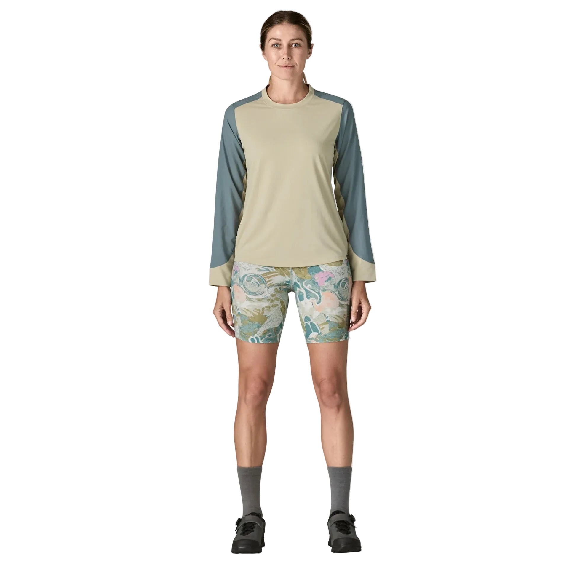 Full-body view of Patagonia Nether Bike Shorts in Moon Tripper