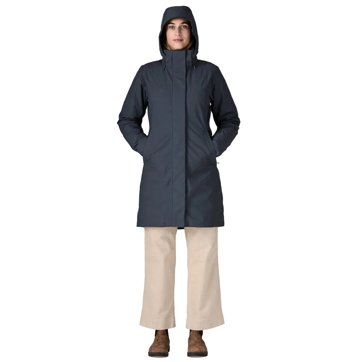 Patagonia Women's Tres 3-in-1 Parka in Smolder Blue front hood view