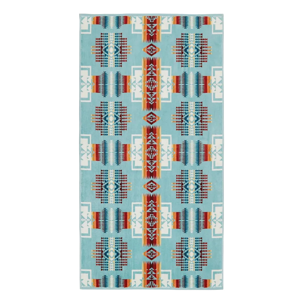 Pendleton Chief Joseph Aqua cotton towels showing the geometric jacquard pattern and plush texture for bath and hand towels