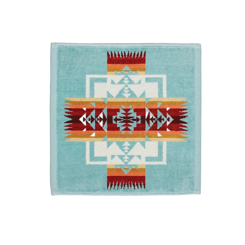Pendleton Chief Joseph Aqua towel collection with soft cotton velour and colorful woven design in wash cloth size