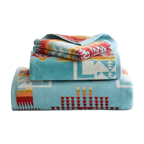 Pendleton 3-Piece Towel Set in Chief Joseph Aqua featuring a coordinated bath towel, hand towel, and washcloth.