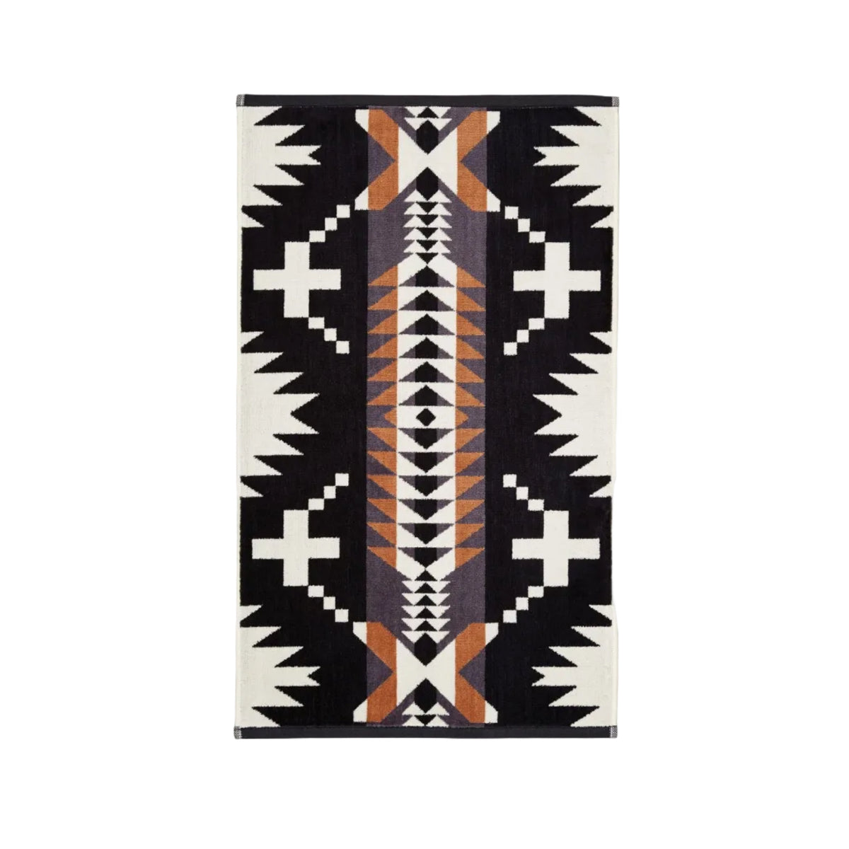 Pendleton Spider Rock Black/White cotton towels highlighting the jacquard pattern and plush velour texture in hand towel size. 