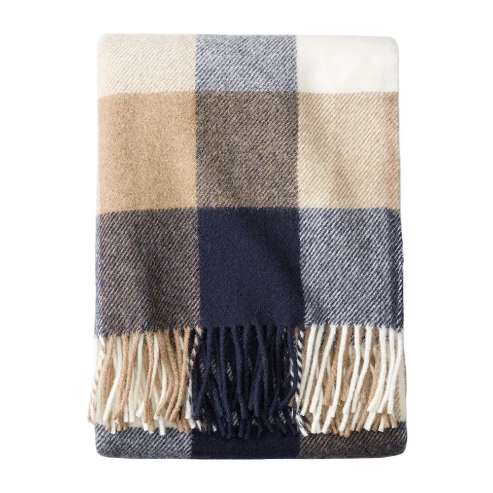 Pendleton Eco-Wise washable wool throw in Navy/Camel, featuring a classic two-tone design and fringed edges.