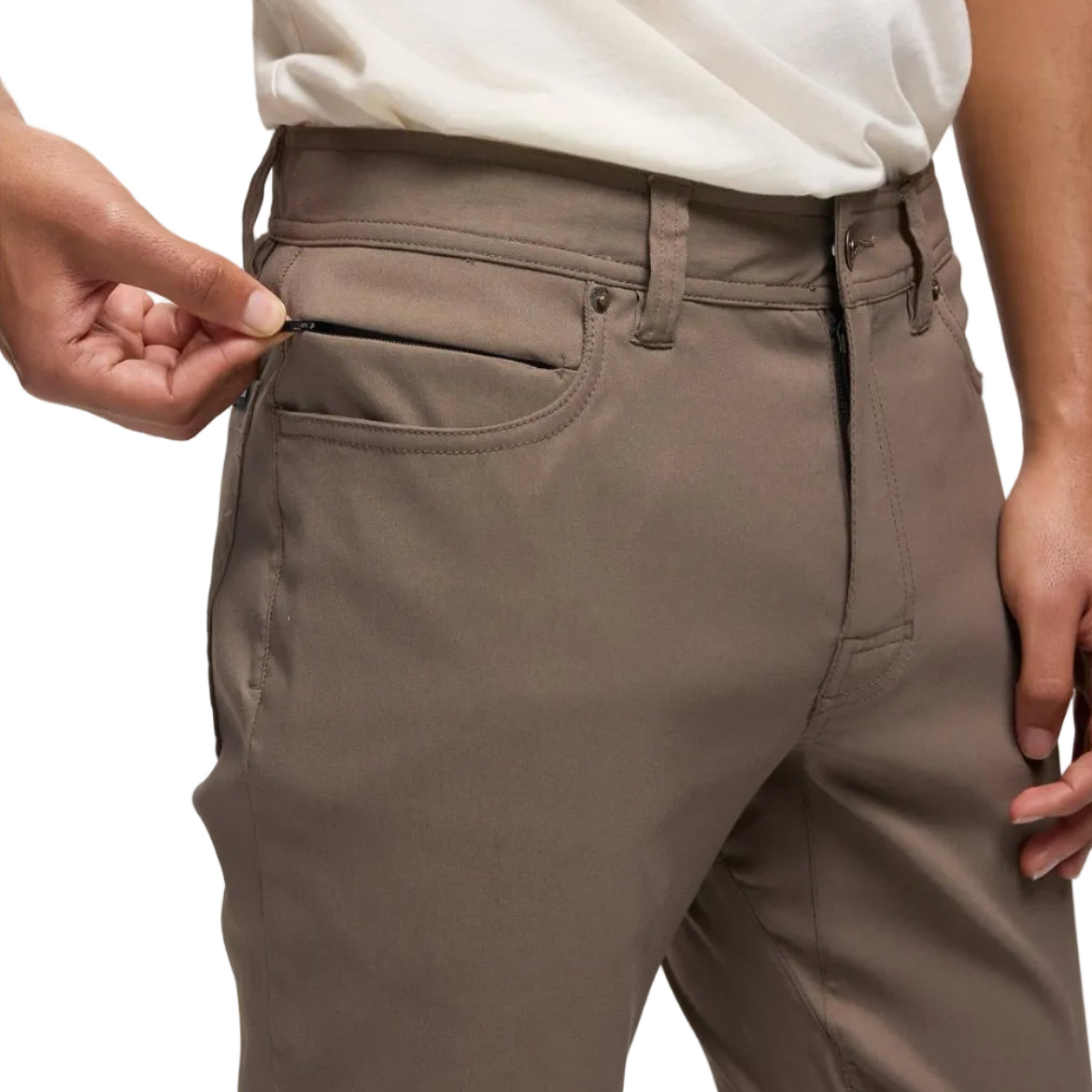 Detail view of the pockets and stretch fabric on the prAna Men’s Stretch Zion 5-Pocket Slim Pant in Mud
