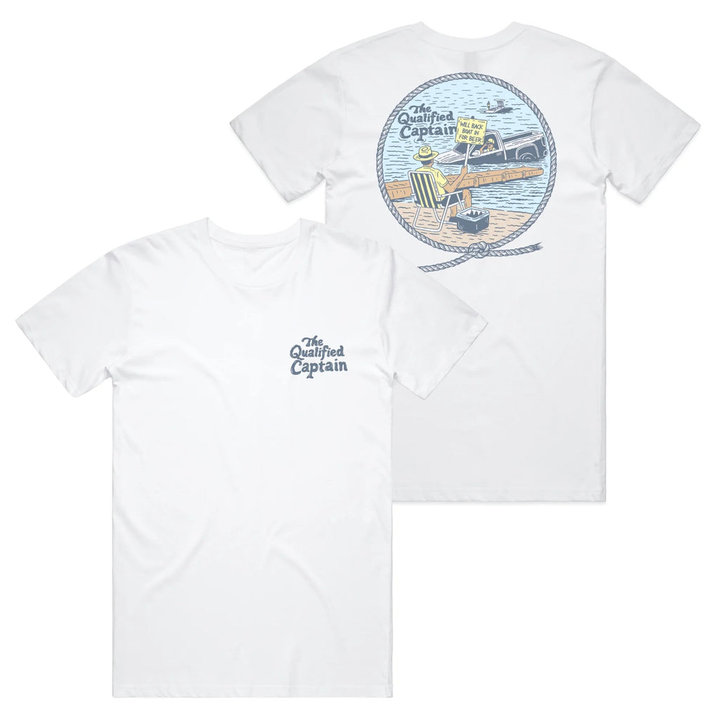 The Qualified Captain Back In Tee in White featuring front and back Down With the Ship graphics