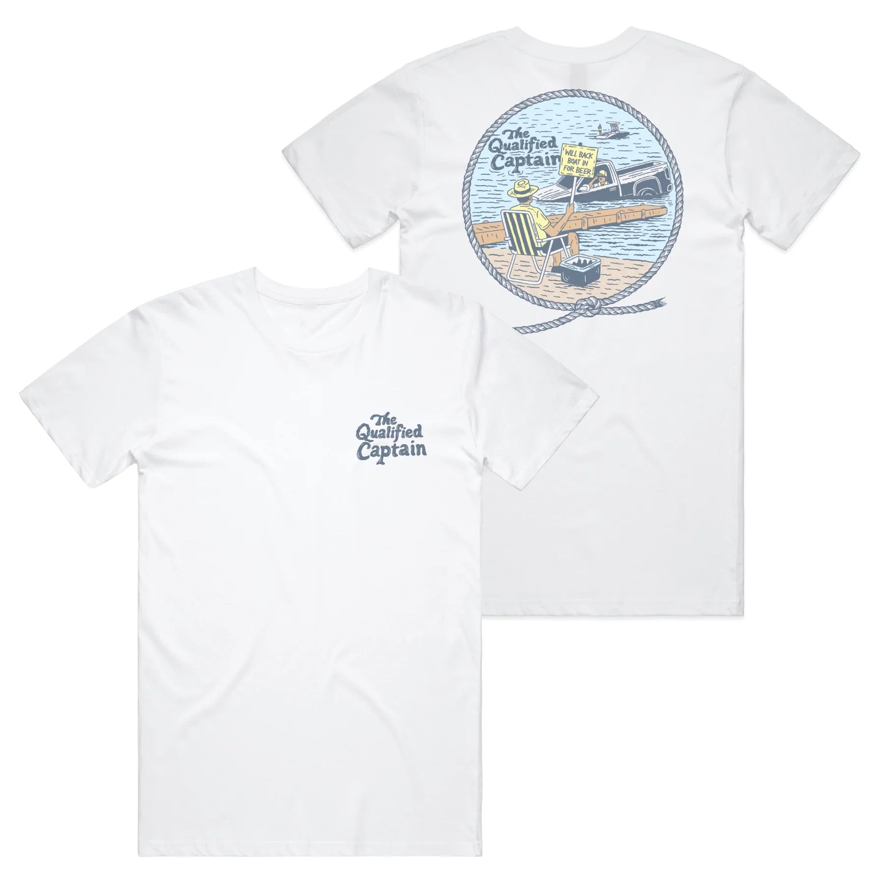 The Qualified Captain Back In Tee in White featuring front and back Down With the Ship graphics