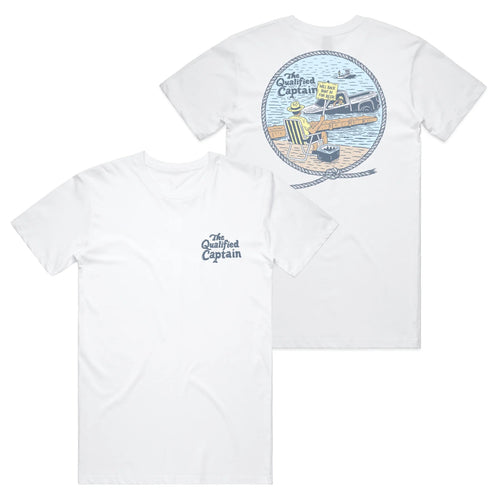 The Qualified Captain Back In Tee in White featuring front and back Down With the Ship graphics