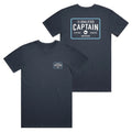 The Qualified Captain Expose Tee in Blue Fin showing front and back graphic designs with the Expose Educate Entertain slogan