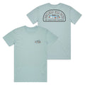 The Qualified Captain Fenders Tee in Stone Blue showing front and back screen-printed graphics