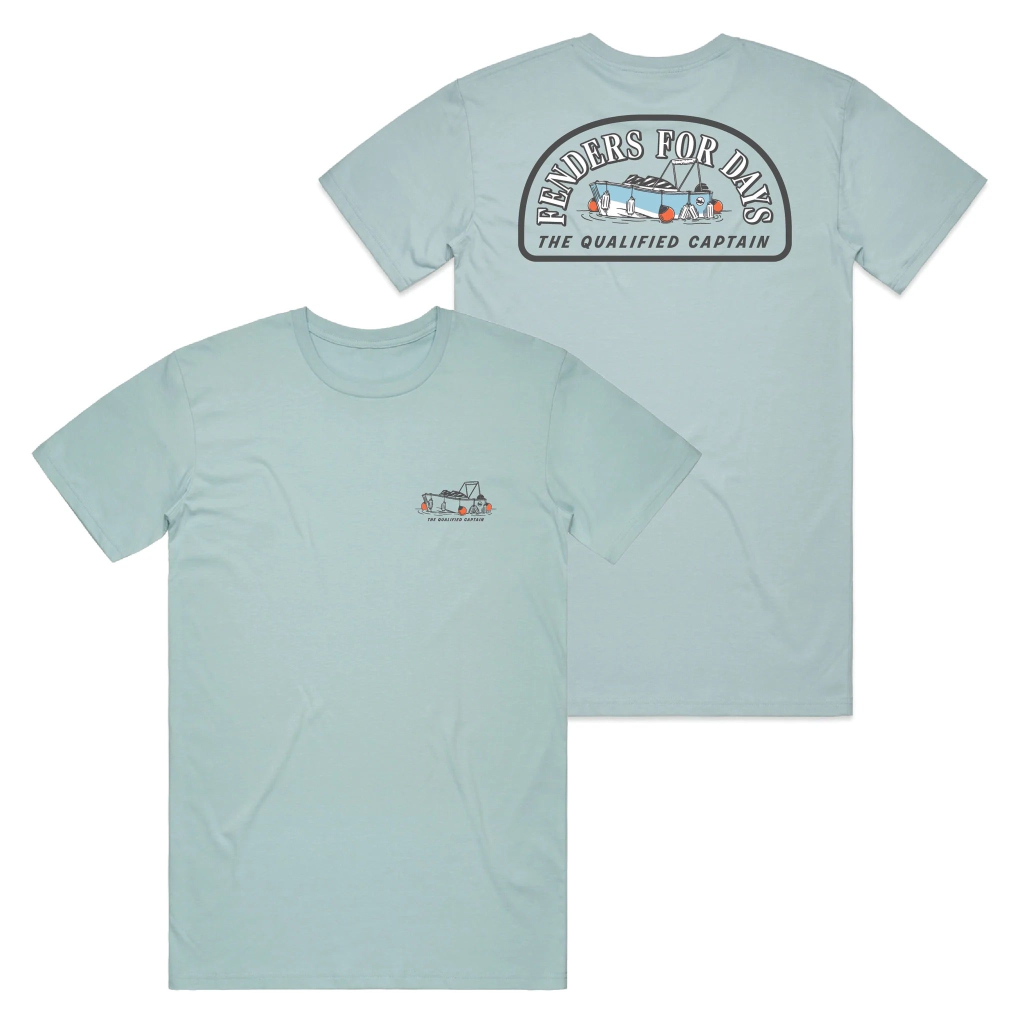 The Qualified Captain Fenders Tee in Stone Blue showing front and back screen-printed graphics