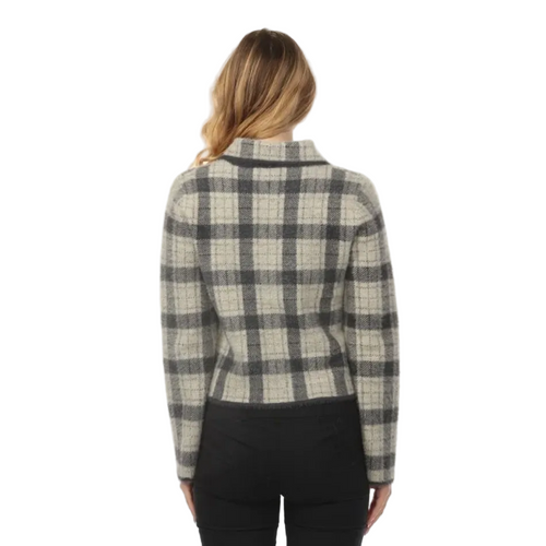 Rain + Rose Brielle Plaid Knit Jacket back view showing classic plaid pattern