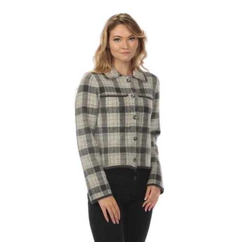 Rain + Rose Brielle Plaid Knit Jacket front view with button closure and patch pockets