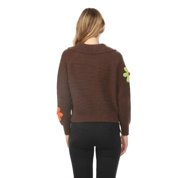 Rain + Rose Daisy Floral Zip Knit Sweater in Chocolate Brown back view with floral sleeve details