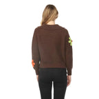 Rain + Rose Daisy Floral Zip Knit Sweater in Chocolate Brown back view with floral sleeve details