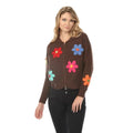 Rain + Rose Daisy Floral Zip Knit Sweater in Chocolate Brown front view with colorful floral appliqués