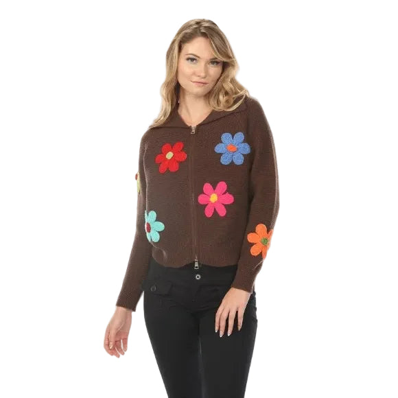 Rain + Rose Daisy Floral Zip Knit Sweater in Chocolate Brown front view with colorful floral appliqués
