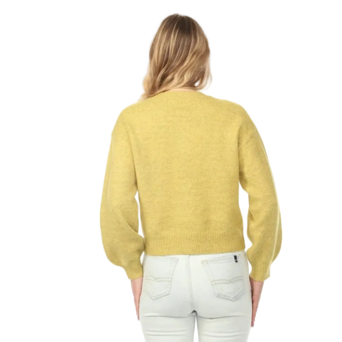 Rain + Rose Flora Appliqué Knit Cardigan in Mustard back view