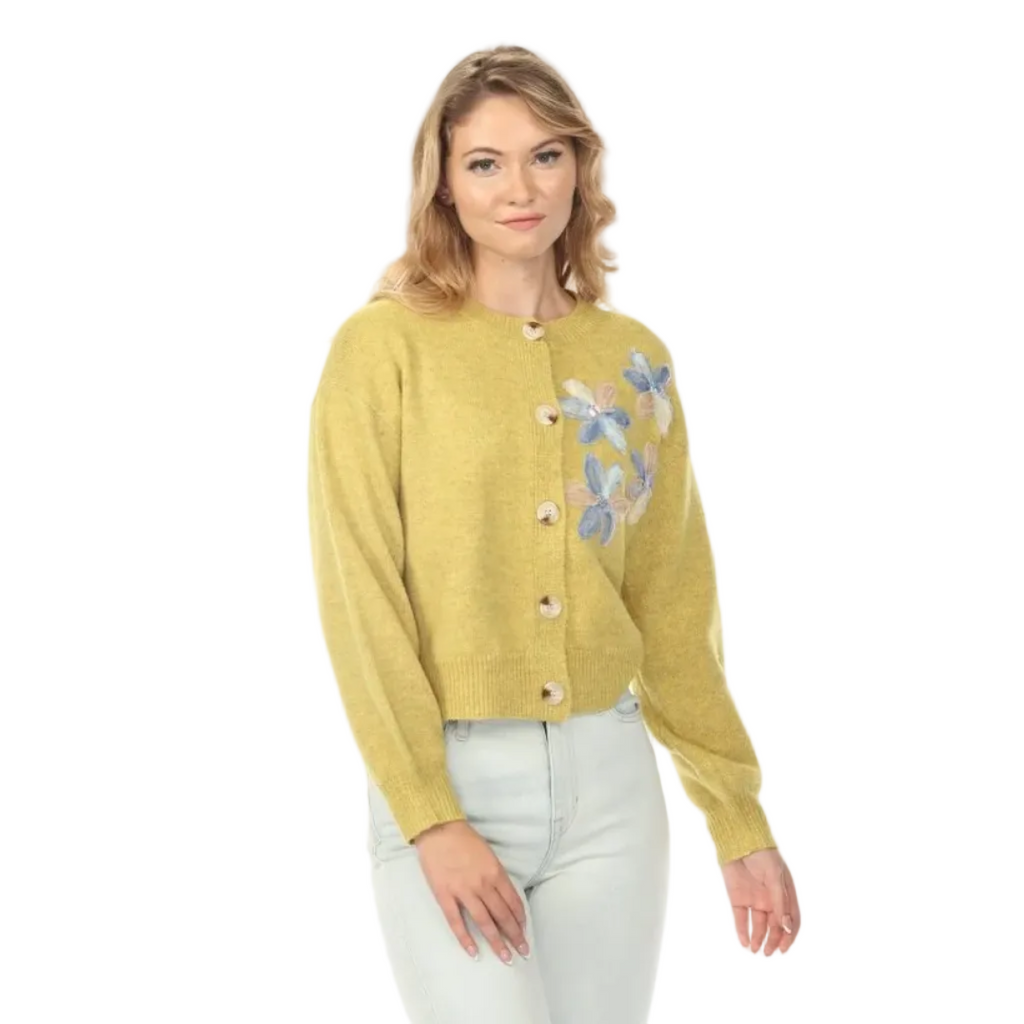 Rain + Rose Flora Appliqué Knit Cardigan in Mustard front view with floral appliqué detailing