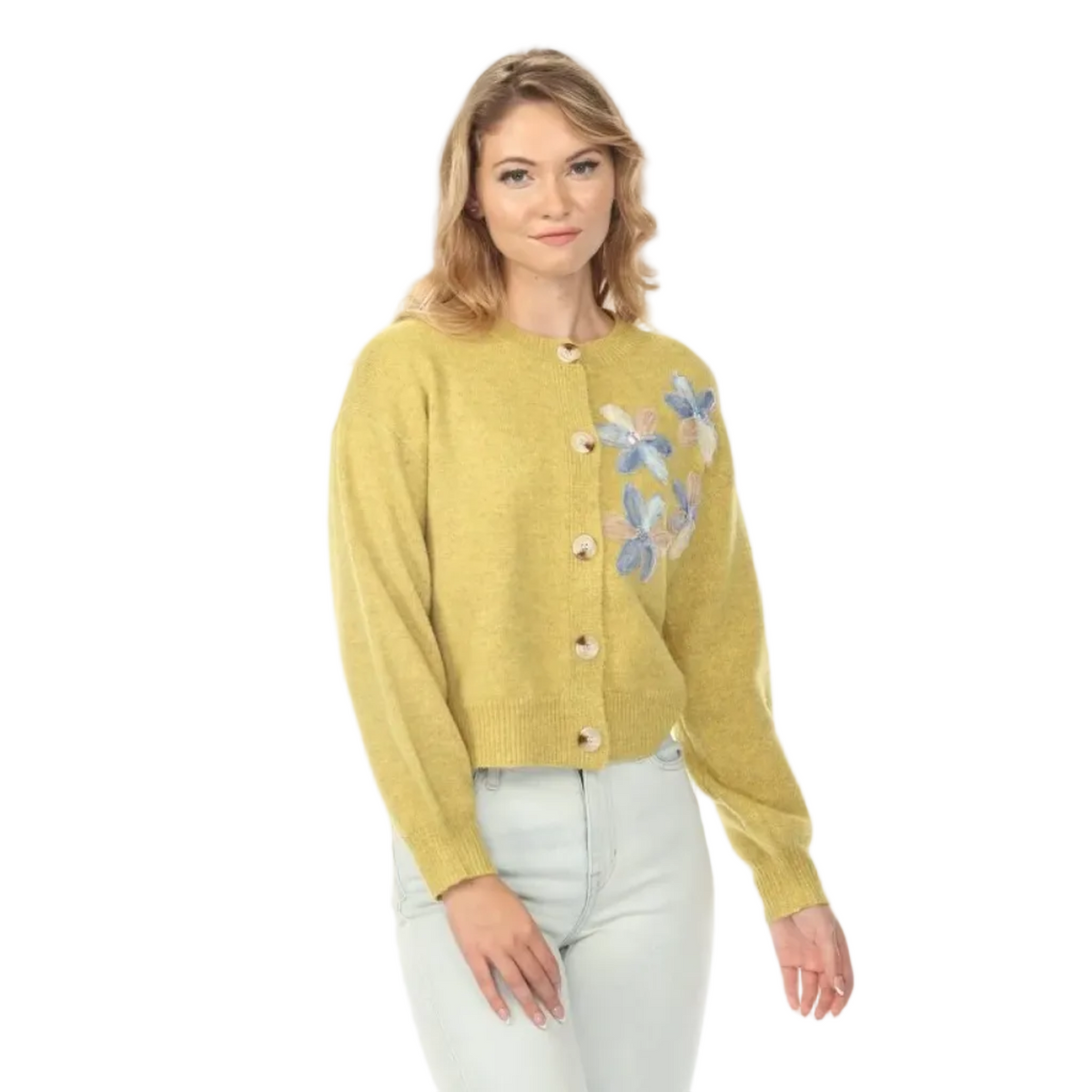 Rain + Rose Flora Appliqué Knit Cardigan in Mustard front view with floral appliqué detailing