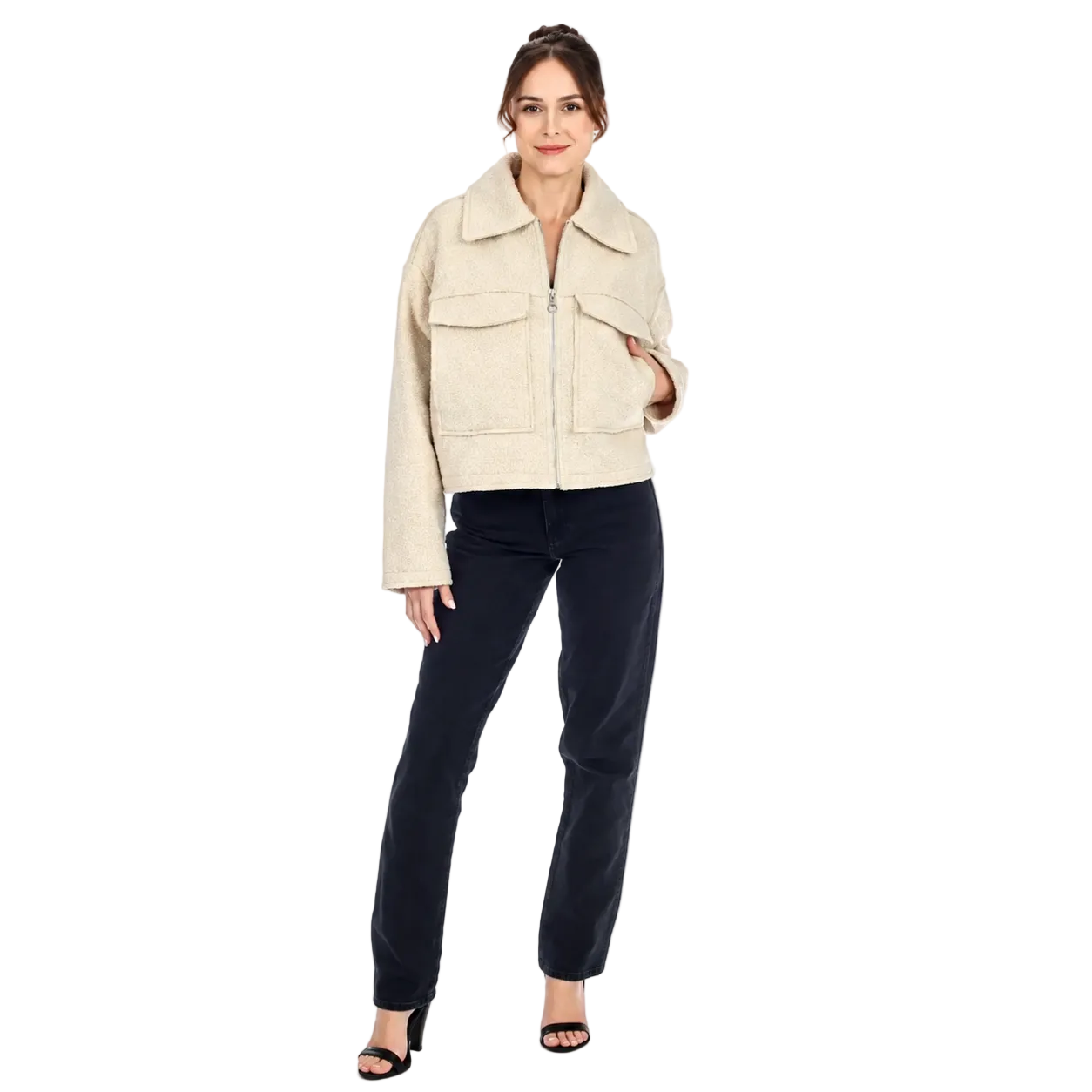 Rain & Rose Women's Alpine Zip Utility Jacket in Ivory front view