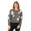 Rain & Rose Women's Dahlia Floral Knit Sweater in Heather Grey front view