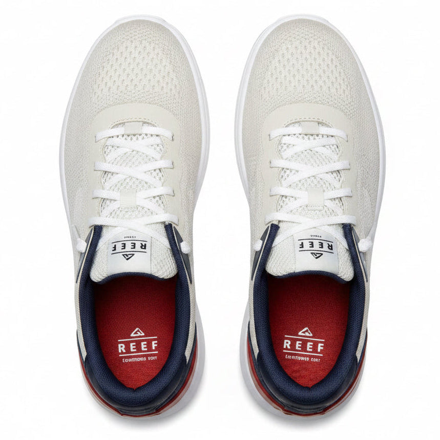 Reef Shoreline Del Mar Tan White Navy top view showing knit upper