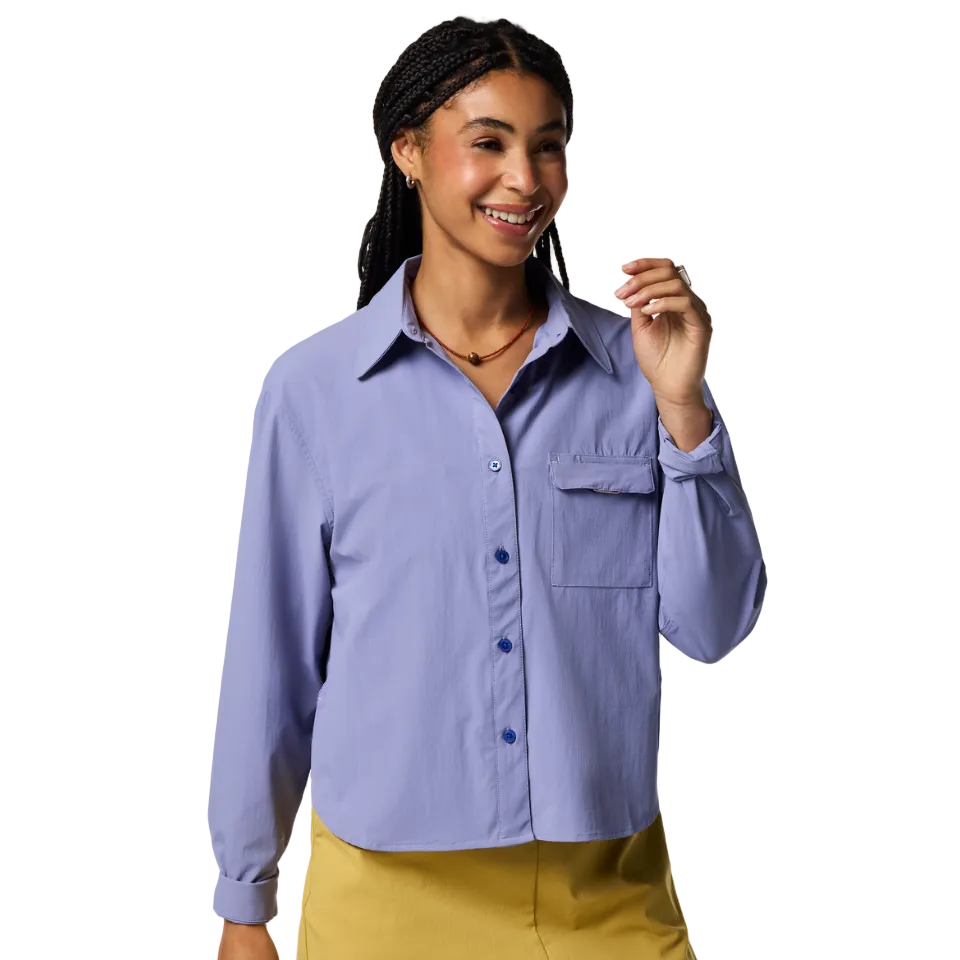 UPF 50 hiking shirt worn in sunny outdoor setting purple