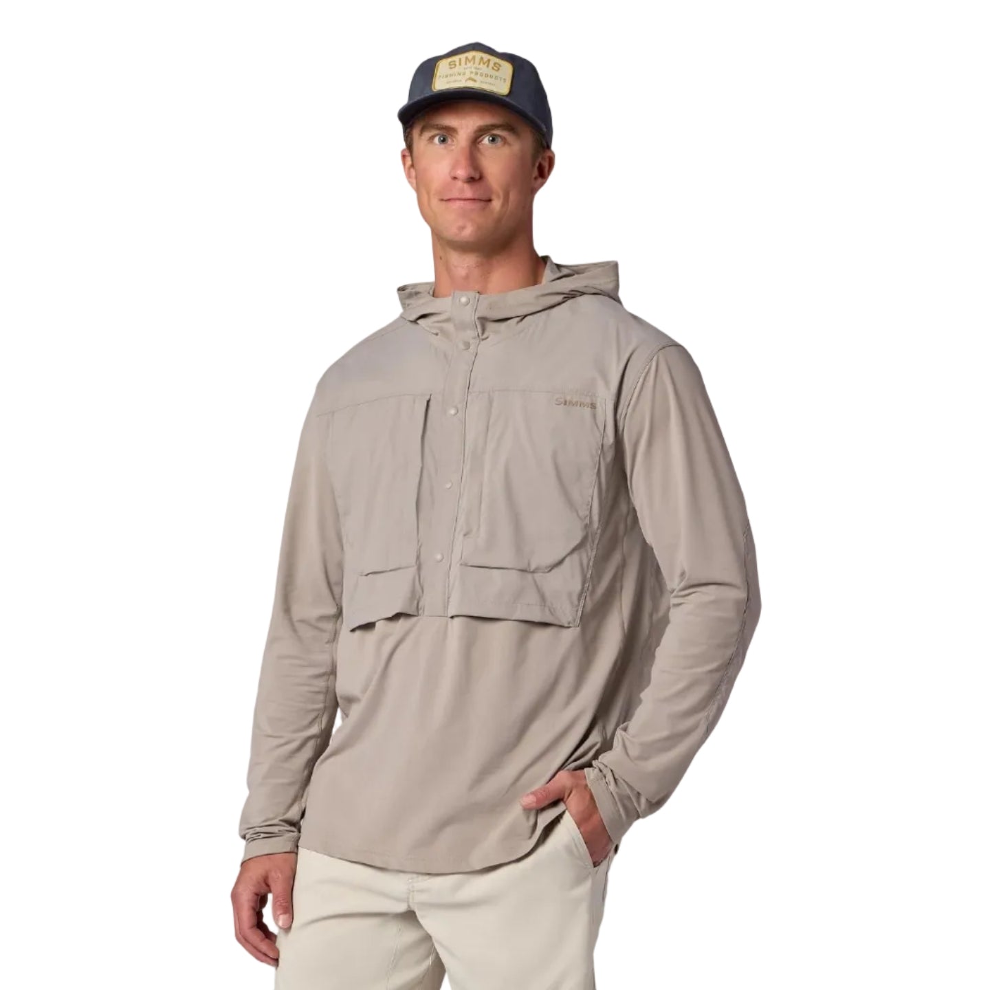 Simms Latitude BiComp Hoody Dolomite front view on model