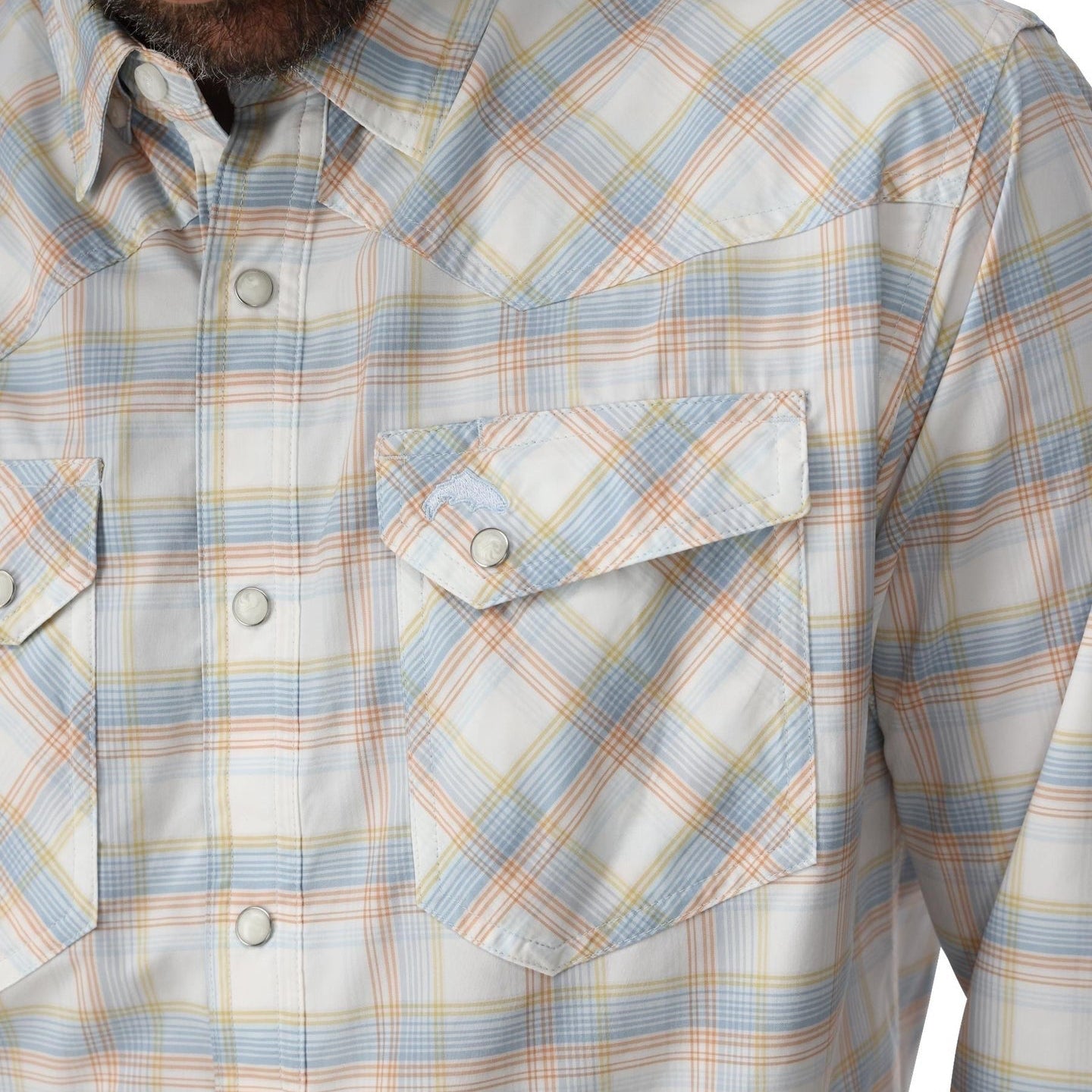 Simms Men’s Brackett Long-Sleeve Shirt  Bracket pearl snap and pocket detail