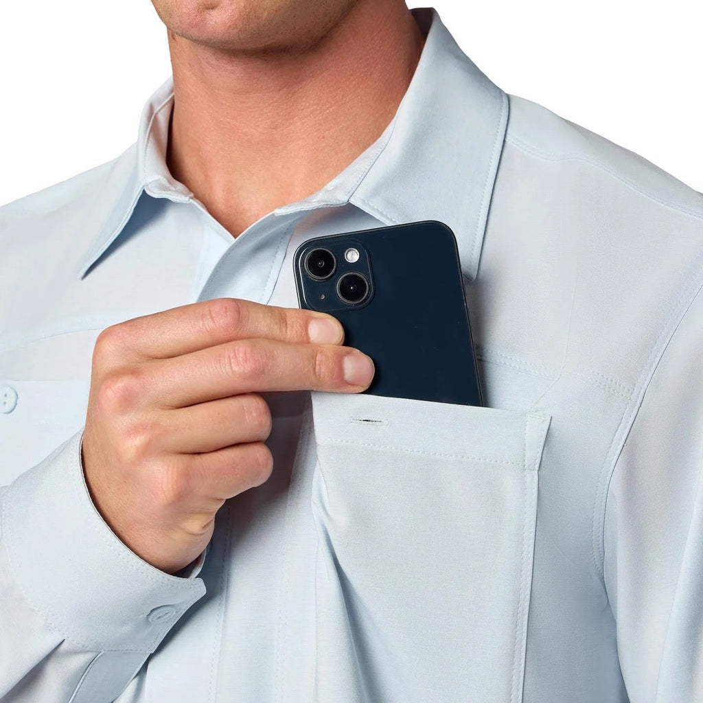 Simms Men’s Launch LS Shirt in Bimini Blue chest pocket cell phone holder detail