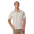 Simms Men’s Launch Short-Sleeve Shirt Lunar Grey Heather worn by model