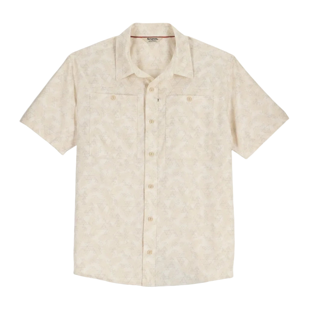 Simms Men’s Launch Short-Sleeve Shirt Palm Fish Line Parchment front view