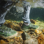 Simms Pursuit Shoe in Riffle Green worn while wet wading