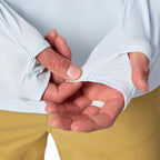 Simms SolarFlex Crew in Block thumbhole and finger loop detail
