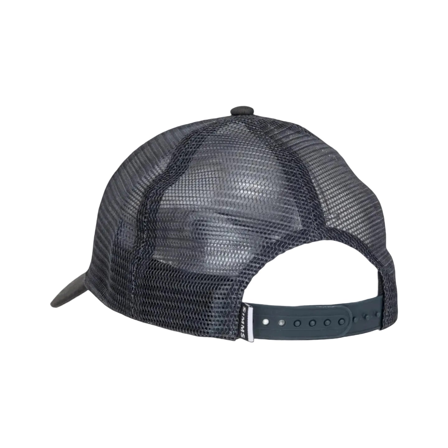 Simms Trout Icon Trucker Hat back view with mesh panels and snapback closure