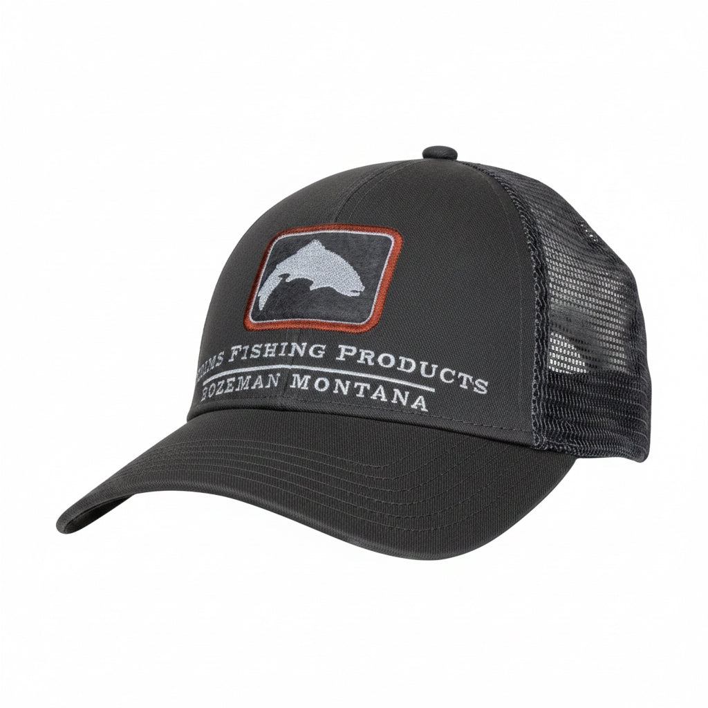 Simms Trout Icon Trucker Hat in Carbon front view