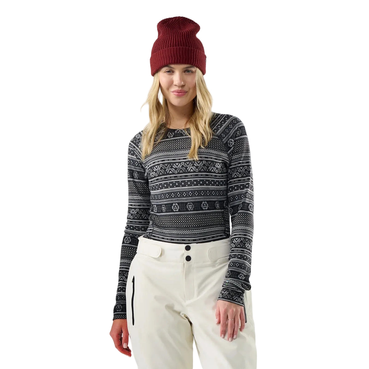 Smartwool Women's Classic Thermal Merino Base Layer Crew in Black Fair Isle Fun, front view