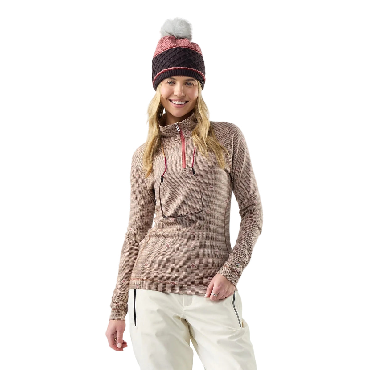 Smartwool Women's Classic Thermal Merino Base Layer 1/4 Zip in Almond Mini Meadow, front view